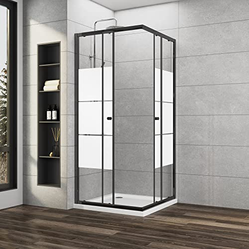 Duschkabine Milchglas Schwarz 100x100x185cm Schiebetür Duschkabine Eckeinstieg 6mm ESG Glas Duschabtrennung Duschwand, Montage auf Duschewanne oder Ebenerdig
