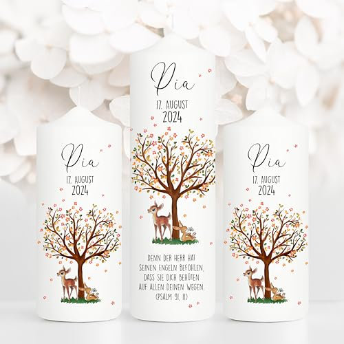 Wandtattoo Loft Taufkerze Mädchen oder Junge mit Taufspruch + 2 Patenkerzen, Motiv mit Baum, Reh und Hase, 25cm x 7cm, personalisierte Kerze, bedruckte Kerze zur Taufe, Stumpenkerze, Taufgeschenk