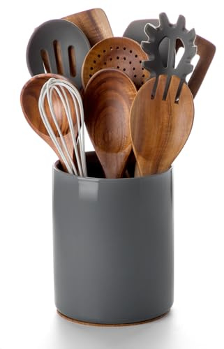 Nucookery Utensil Holder, 6.4 Ceramic Kitchen Utensil Holder for Countertop with Protection Cork Bottom, Vintage Farmhouse Kitchen Decor for Counter (Gray)
