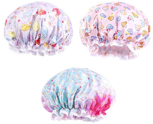 3PCS Kids Shower Cap - Double Layer, Adjustable, Reusable, Waterproof - Cute Dolphin, Unicorn, Bear Designs for Girls/Boys