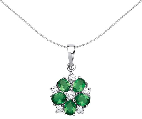 Jewelco London Ladies Sterling Silver Emerald-Green Oval Cubic Zirconia Tudor Rose Flower Petal Pendant Necklace 18 inch