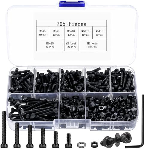 705 STK M3 Zylinderschrauben Muttern Set, Innensechskant Schrauben Set, Sechskantschrauben mit Muttern Unterlegscheiben Set, Fahrrad Schrauben Set, Maschinenschrauben Gewindeschrauben Set (M3)