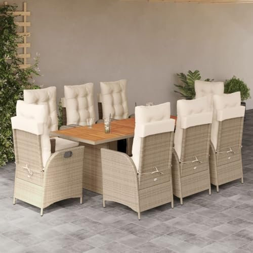 Keyroto Polyrattan Sitzgruppe mit 8 Gartenstuhl Hochlehner Verstellbar Garten Essgruppe 8 Personen Rattan Gartenmöbel Set Garten Essgruppe Gartengarnitur Sitzgarnitur beige and Cream Type-15