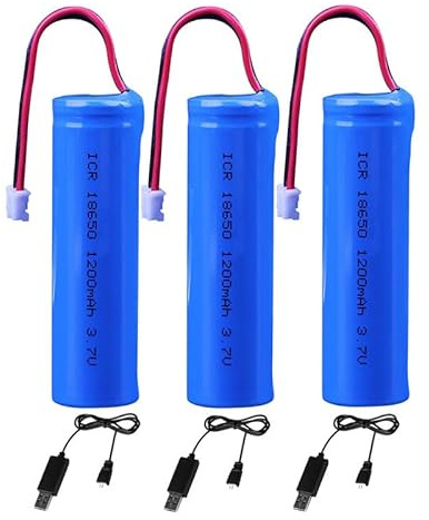 3 x 3,7 V 1200 mAh Li-Ionen-Akku 18650 x 1 Zelle RC Ersatz Akku Pack mit XH2.54-2P USB-Ladekabel für Flugzeuge, Angellichter, Türklingel usw.