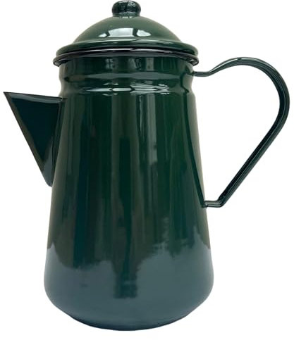 Elegant Traditional Green Enamel Coffee Pot – 1.5 Pint Capacity, Ideal for Home and Outdoor Use with Handle and Lid