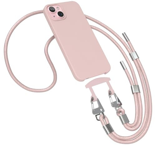 EAZY CASE - Hülle mit Band kompatibel mit iPhone 15 Plus Handyhülle für iPhone 15 Plus Silikonhülle mit Mikrofaser stoßfester Fallschutz Handykette zum Umhängen 2in1 Schutzhülle Handykordel Pink Rosé