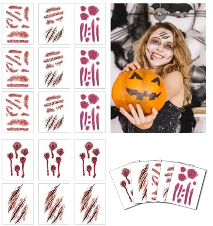 Halloween Tattoos - 20 Sheets Fake Blood Scar Tattoos Horror Stitch Scar Scab Zombie Makeup Tattoos Stickers, Halloween Masquerade Prank Makeup Props