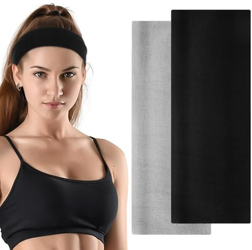2 Stück Elastisches Stirnband Dünn Damen Schwarz Grau 7 cm Breit Haarband Damen Weicher Stoff Stirnbänder für Laufen Sport Yoga Headbands Damen Dünnes Schwarzes Stirnband Ohrenwärmer