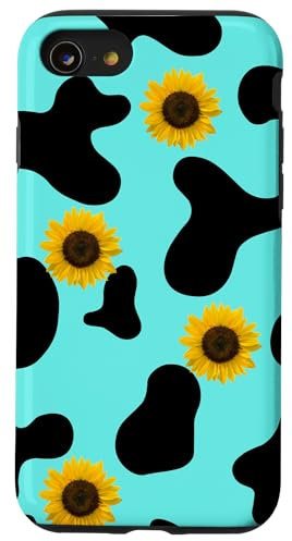iPhone SE (2020) / 7 / 8 Black and Teal Cow Print Phone Case,Cow and Sunflowers Phone Case