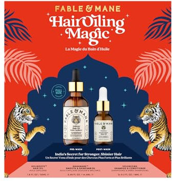 Fable & Mane Hair Oiling Magic Hair Gift Set. Contains HoliRoots Hair Oil for Dry Damaged Hair 55ml, Smooth & Shine Hair Oil 15ml with Volume Shampoo & Conditioner Sample
