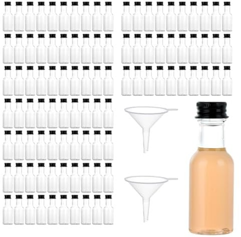 LOLYSIC 100PCS 25ml Mini Plastic Bottles with Lids, Miniature Alcohol Bottles with Screw Caps & Funnels, Empty Mini Liquor Bottles Reusable Spirit Shot Bottles for Wedding Party Favors