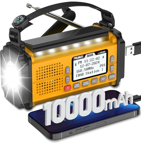 PRUNUS J-924 Digital Radio DAB+/UKW, Kurbelradio Notfall mit 10000mAh Akku, DAB Radio mit Bluetooth, Notfallradio mit Taschenlampe/SOS Alarm/Handyladefunktion für Ourdoor, Notfall. (Gelb)