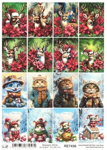 Josys Bastelmärchen Reispapier DIN A4 Strohseide Decoupage Weihnachten Maus Katze Kater REH RE7456