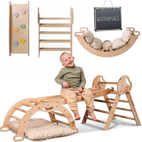 Goodevas 5-in-1 Montessori Klettergerüst Set: Indoor Kletterdreieck, Kletterbogen mit Kissen, und Rutsche für Kinder, Indoor Spielplatz 1-3 Jahre