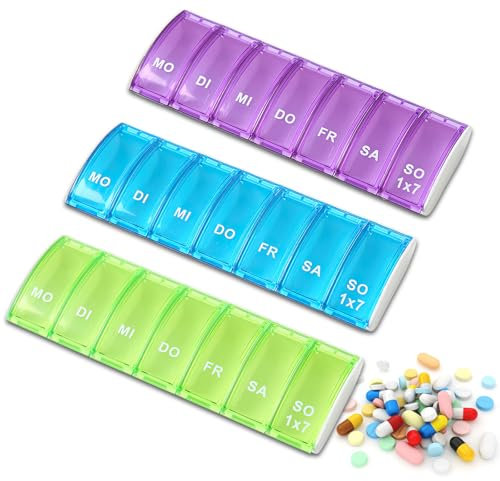 Tablettenbox 7 Tage, Wiederverwendbar Pillendose Klein Pillendosemit 7 Fächern, 3 Stück Aufbewahrungskiste Klein Pillendose für Morgens/Abends Die Nahrungsergänzungsmittel Vitamine FischöLe