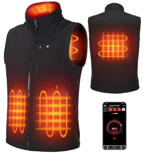 KEMIMOTO Gilet Chauffant Homme, Gilet Thermique Imperméable avec Application Exclusive et Batterie 10 000 mAh, Tissu Softshell Coupe-Vent 3 En 1, 4 Zones de Chaleur pour Moto, Ski, Randonnée