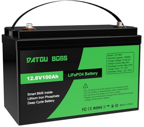DATOUBOSS 12V 100Ah LiFePO4 Batterie, 1280Wh Lithium Akku mit Verbessertes 100A BMS, 10000+ Tiefe Zyklen, Unterstützung in Serie/Parallelschaltung, für Wohnmobil, Solarpanel, Marine, Haushalt