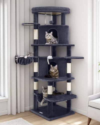 Globlazer Arbre a Chat Coin Hauteur 167 cm avec 2 éventail Niches, Grandes Plateforme, Doux Hamac, Panier, Arbres à Chats de Coin Stable pour 3-4 Chats Adultes Repos Jeu Grattage (C66, Gris Foncé)