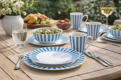 24pc Waterside Blue & White Stripe Porcelain Dinner Set; 6 Dinner Plates, 6 Side Plates, 6 Deep Bowls & 6 Mugs - Dishwasher & Microwave Safe
