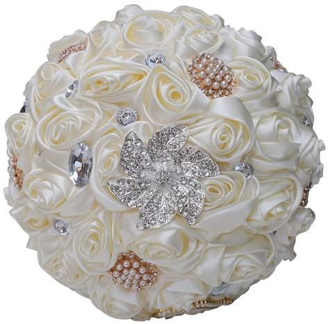 KUNYOS Squisito bouquet da sposa, bouquet di rose finte in raso, intarsi di perle di strass, pizzo, decorazione a fiocco(Cream color)
