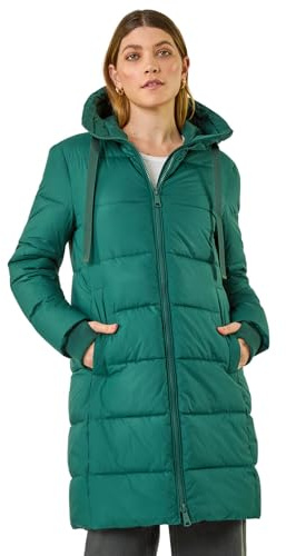 Roman Originals Padded Coat for Women UK - Ladies Longline Puffer Winter Quilted Parka Waterproof Rainproof Wind Resistant Thermal Jacket Long Length Warm Zip Hood Puffa Cosy - Forest - Size 12
