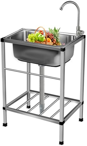 Lavello in Acciaio Inox, Lavandino da Esterno con Rubinetto Caldo e Freddo Lavandino Commerciale Lavelli Autoportante Lavello di Utilità Lavabo Cucina Lavamani Industriale Per Garage Giardino 52*38cm