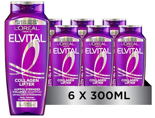 L´Oréal Paris Elvital Collagen Lifter Aufpolsterndes Volumen Shampoo, Formel mit Kollagen-AS Fragmenten, für plattes, dünnes, feines Haar, 300ml (x6)