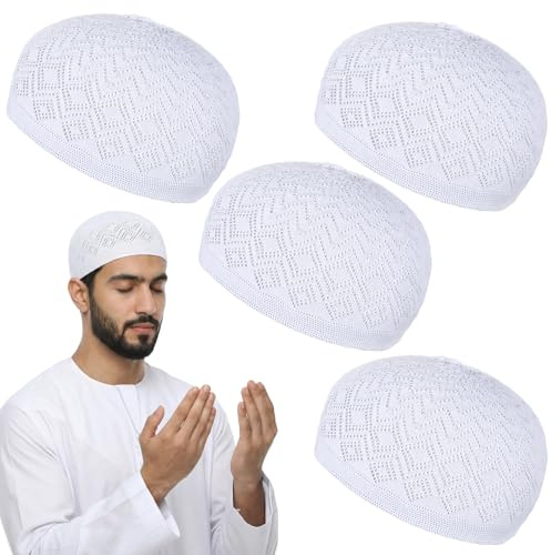 XLIUAX 4 Stück Muslim Skull Cap Kopfbedeckung Herren, Weiße Türkische Atmungsaktiv Muslimische Kufi-Hüte für Männer Takke Kopfbedeckung Ramadan Eid islamische Geschenke