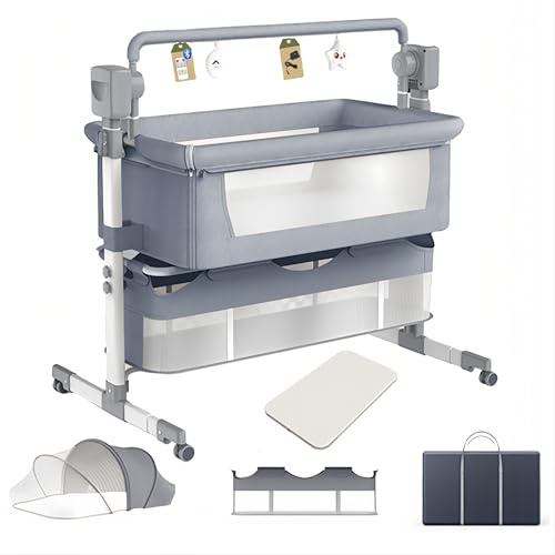 Dziranam 3-in-1 Beistellbett, höhenverstellbar & Moskitonetz Mittelgrau | Komplett mit Tragetasche, flexibel nutzbar als Babywiege für zu Hause und unterwegs.