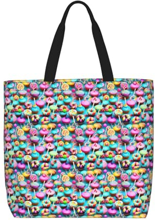 JBJGKHLP Bunte süße Lutscher-Cupcake-Donut-Druck, extra große Organizer-Tasche, Unisex, Schultertasche, Einkaufstasche, wiederverwendbar, umweltfreundlich