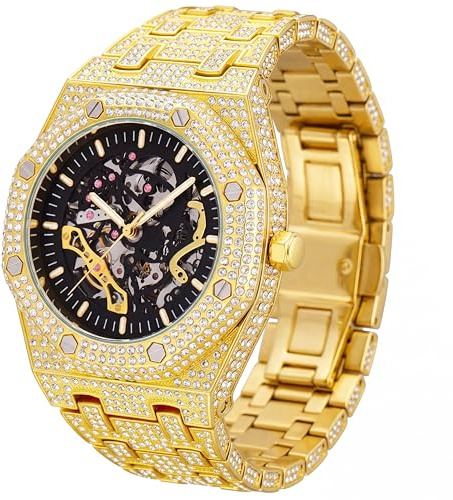 Vetra Herren-Armbanduhr, Iced Out, Diamant-Skelett, Automatikuhr, luxuriös, mechanisch, selbstaufziehend, schwarz, Hip-Hop, großes Zifferblatt, wasserdicht, leuchtend, Geschenk für Herren