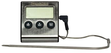 HENDI Bratenthermometer, mit Timer, Einstechmeter, Küchenthermometer, Fleischthermometer, Inkl. Batterie, Temperaturbereich von -50°C bis 250°C, 150mm Edelstahlsonde, 65x70x(H)17mm, Edelstahl