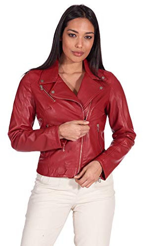 D'Arienzo Chiodo in Pelle Donna Rosso Vera Pelle Giacca Biker Giubbotto Moto Made in Italy KBC Rosso/M