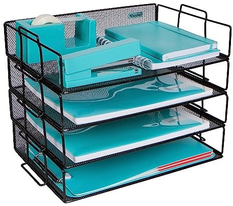 Stapelbarer Schreibtischorganizer, 4 Fächer Metall Netzoptik Schwarz Briefsortierung Organizer für Unternehmen, Zuhause, Schule, Läden, Geschäfte und mehr, Organisiere Dateien, Ordner, Briefe, Blätter
