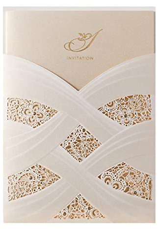WISHMADE 20 x Elfenbeinfarbene Lasergeschnittene Hochzeitseinladungen Kits mit Spitzenhülse Blumen Design für Brautpartys Heirat mit blanko bedruckbar Papier und Umschläge -Hochzeitskarten, 20 Stücke