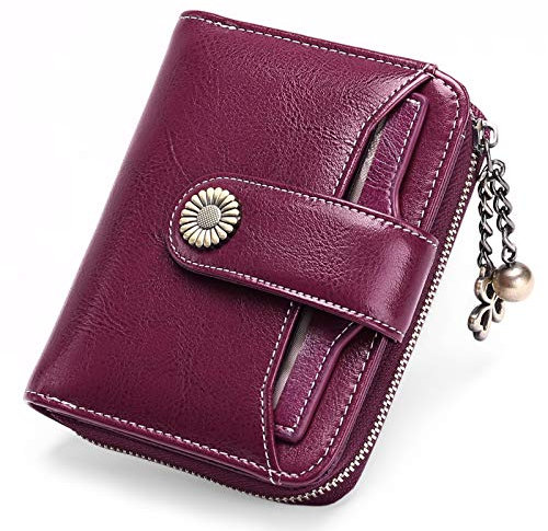 GOIACII Geldbörse für Damen, Leder, klein, RFID-blockierend, mit Reißverschluss, Kartenhalter mit Ausweisfenster, Violett/Rot, Violett, Vintage