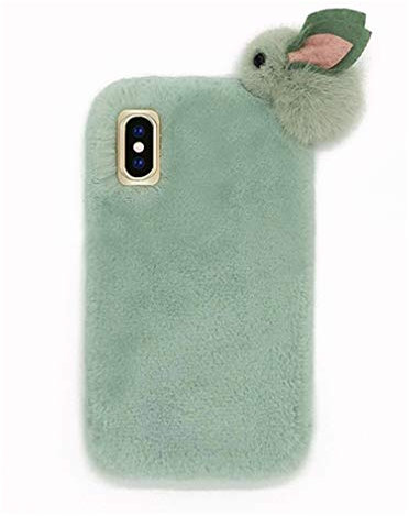 AQUYY Cartoon Hasen Plüsch Handyhülle für iPhone X/iPhone XS, Mädchen Süße Silikon All-Inclusive Schutzhülle für iPhone X/Xs, Warme Weich Flauschige Kaninchen Fallschutz Hülle Case, Green