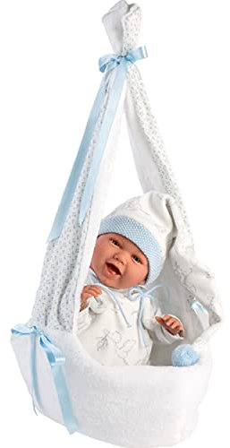 Llorens 1074005 Babypuppe mit blauen Augen und weichem Körper, Puppe inkl. Outfit mit Zipfelmütze, Schnuller, Schnullerkette und kuscheliger Hängewiege, 42cm