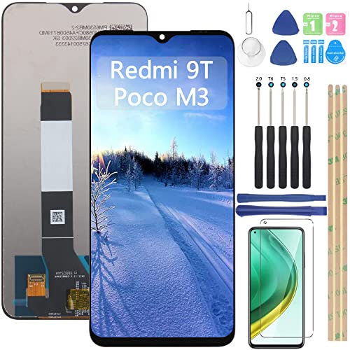 YHX-OU 6.53 LCD Pantalla para Xiaomi Poco M3 Redmi 9T M2010J19CG M2010J19CI Kit de Pantalla Táctil de Reemplazo del Digitalizador con Herramientas + 1 Pieza de Cristal Templado (Negro)