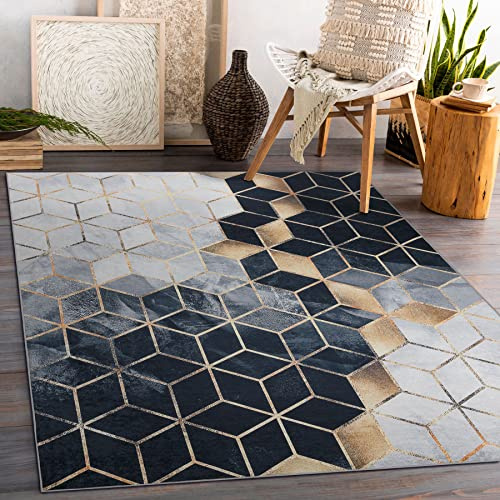 rugsx Andre Waschteppich für Kinderzimmer, Wohnzimmer, Schlafzimmer, Wfürfel, Geometrisch, Anti-Rutsch - Schwarz/Gold 120x170 cm