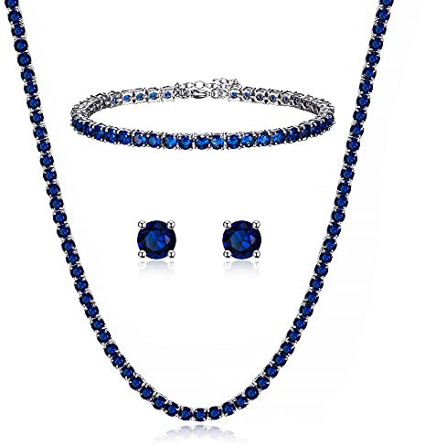 Clearine Tennis Halskette Ohrstecker und Armband Set rund Zirkonia Tennis-Schmuckset für Damen Saphir-Blau Silber-Ton