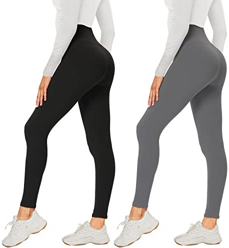 AMIYOYO Leggings Damen 2er Pack Sporthose Fahrradhose High Waist Leggins Blickdicht Elastische Weiche Bauchweg Hosen für Yoga Fitness Outdoor Freizeit(Schwarz+Dunkelgrau,L-XL=DE42-48)