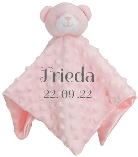 Wuff-Dogsworld Baby Kuscheltuch VIELE Modelle mit Namen Bestickt Geschenk Taufe Geburt Schmusetuch Schnuffeltuch Trösterchen Junge Mädchen (rosa Teddy)