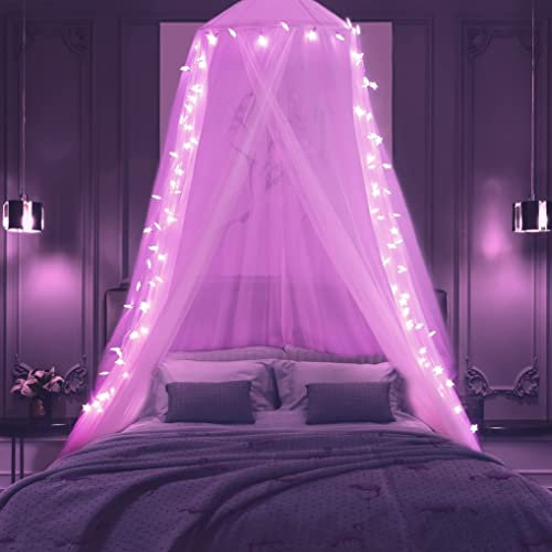 Rosa Betthimmel mit Lichtern für Mädchen Schlafzimmer Dekoration, Prinzessin Baldachin Bettvorhänge mit 100 LED Stern rosa Lichter 8 Modi USB-gespeist Geschenke für Frauen, Einzel- bis King Size Bett