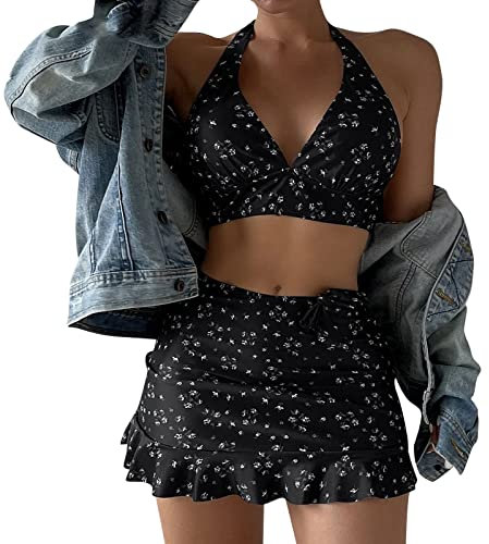 Yowablo Frauen Bikini Set bedrucktes dreiteiliges Strandabnutzungs heißes sexy Badebekleidungs Bikini Set Uhren Frau Plastik