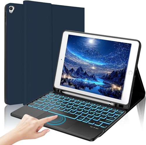 AVNICUD Clavier pour iPad 9ème/8ème/7ème Génération 10.2 avec Pavé Tactile, Coque Clavier pour iPad Air 3, Pro 10.5 7 Rétroéclairage AZERTY Français Bluetooth Amovible, Bleu foncé