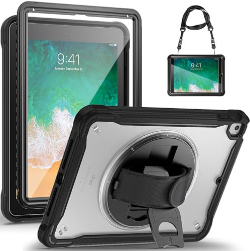 Gerutek Funda para iPad 9,7 Pulgadas (6ª/5ª), Air 2 / Pro 9.7, con Protector Pantalla, Trasera Transparente, Carcasa Rugosa con Soporte Giratorio, Correa de Mano y Hombro Ajustable/Desmontables, Negro