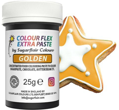 Sugarflair Colours Colourflex Extra Paste Gold - Or - Colorant Alimentaire Concentré Nourriture Dye pour Crème au Beurre, Pâte à Sucre, Chocolat, Fondant, Gâteaux, Cookies - 25g