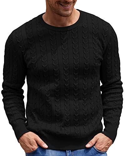 NITAGUT Men's Jumpers Sweater Crewneck Cable-Knit Pullover Sweater Black,Large