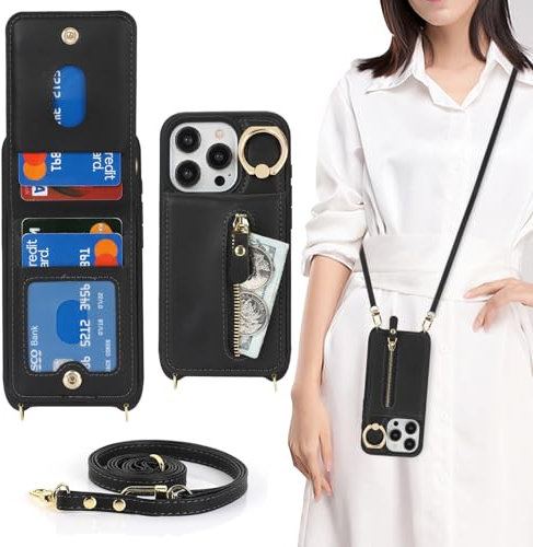 Zouzt for iPhone 15 Pro Case with Cord and Card Holde, Zipper Wallet Case with Crossbody Lanyard Ring Adjustable Necklace Protective Cover Women for iPhone 15 Pro 6.1 Inch - Black